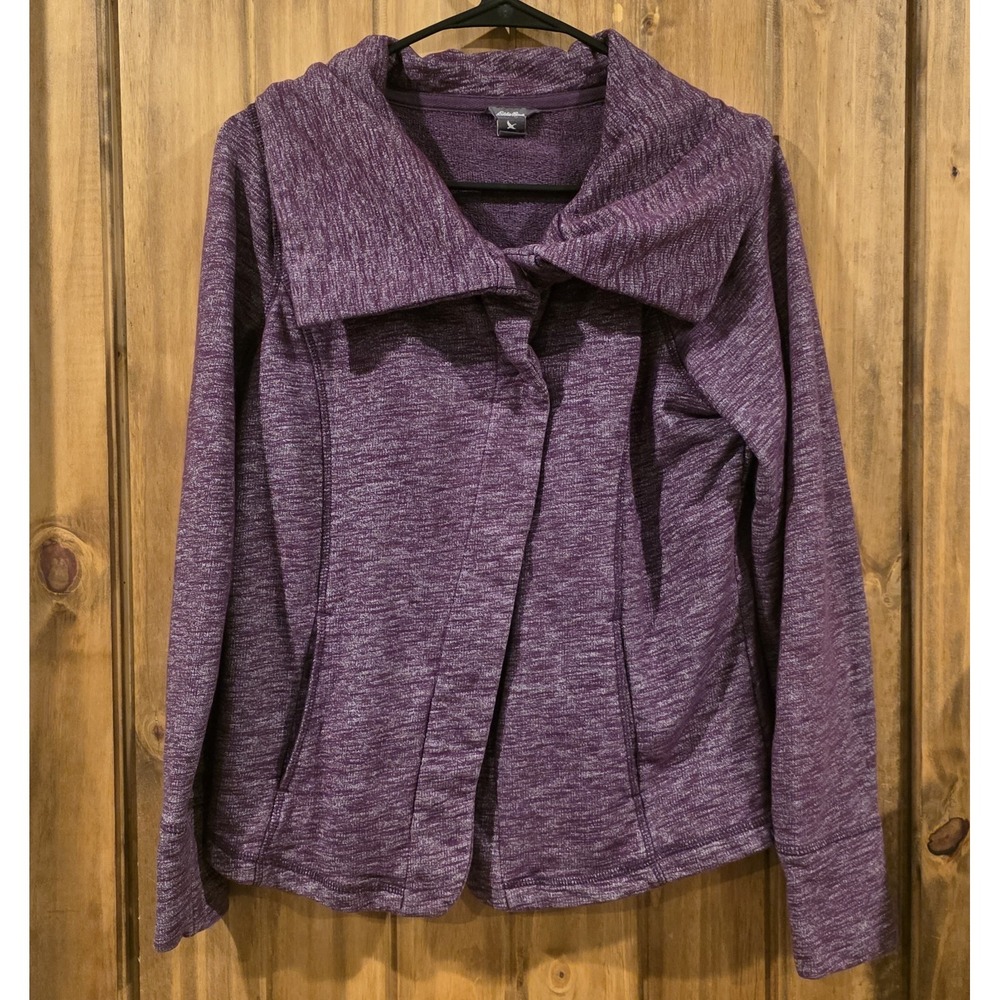 Eddie Bauer Cowl Neck Asymmetrical Jacket Size Med Purple Knit Snap Up,‎ Pockets